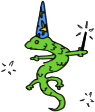 hedgelizards logo: a lizard wearing a wizard hat holding a magic wand